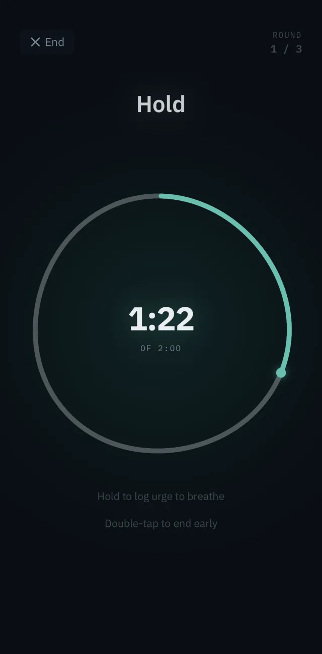 The Depthwork hold screen mid-session: 1:22 of a 2:00 hold in round 1 of 3, the elapsed time inside a thin ring with a teal progress arc.