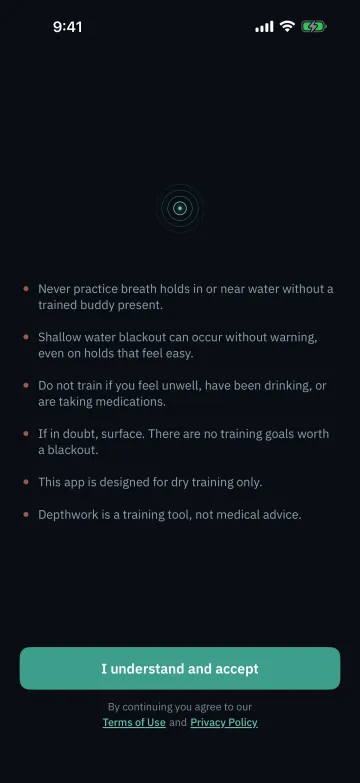 The first-launch safety screen: dry training only, never in or near water without a trained buddy.