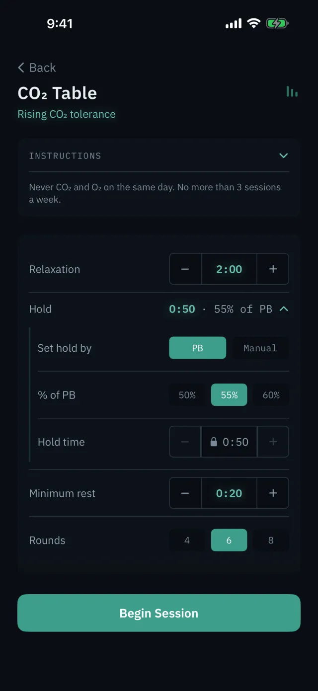 A training table setup screen with hold time derived from the personal best, the derivation shown beneath the value, and every row editable.